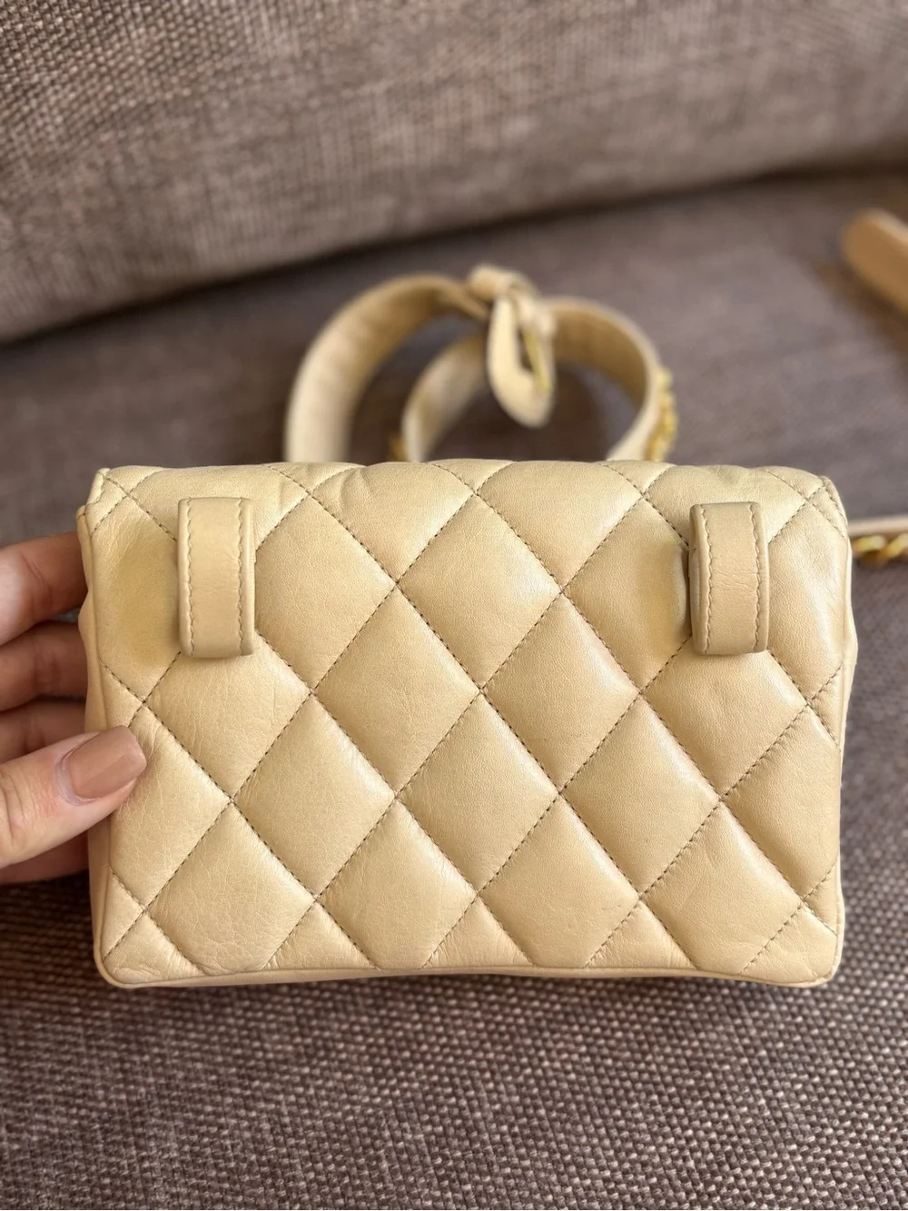 Authentic CHANEL vintage 1980s mini beige lambskin leather bum belt bag 75cm